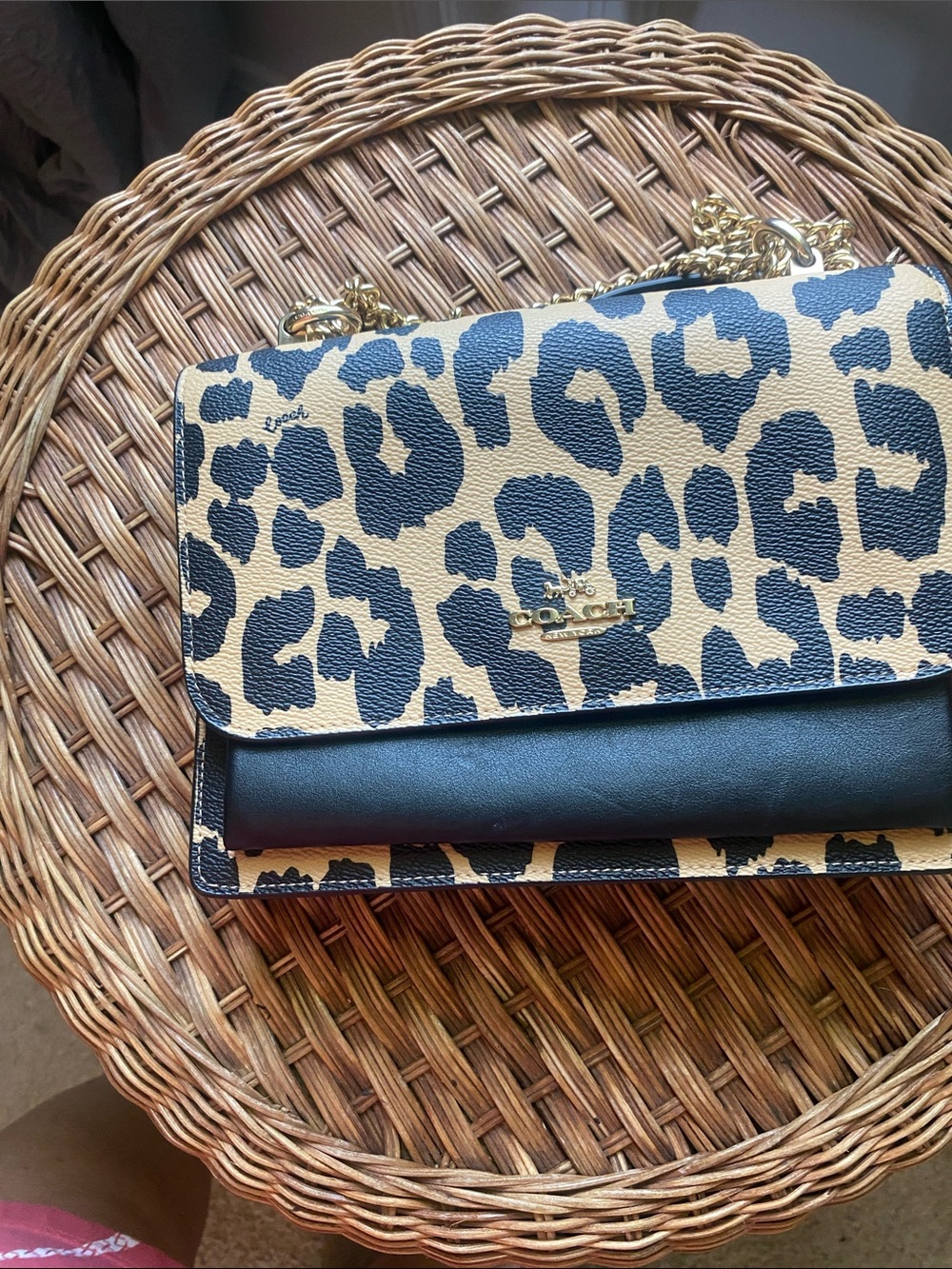 Coach Leopard-Print Shoulder or crossbody  Bag in Black and Tan with Gold Chain